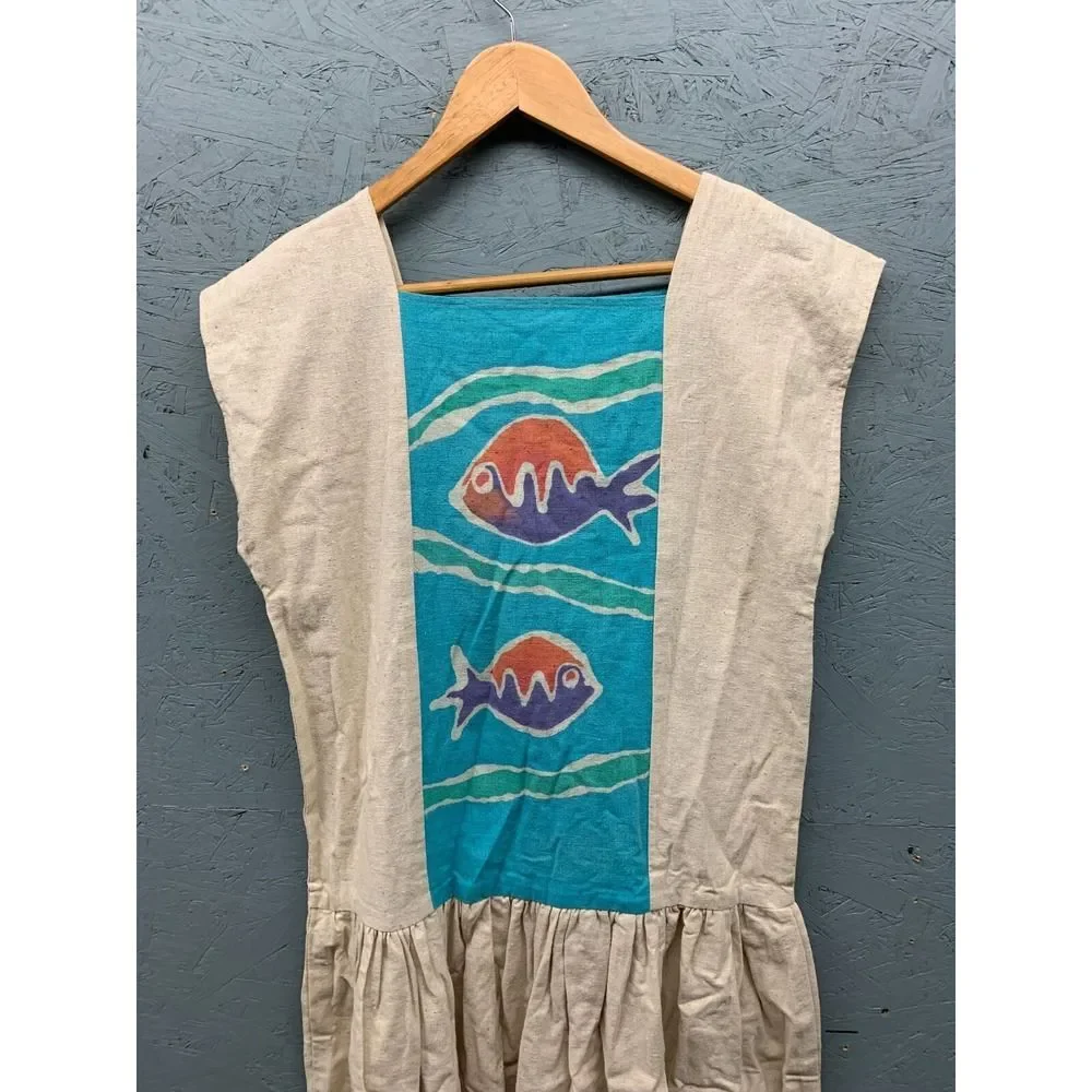 Handmade Women's Boho Dress S/M Natural Cotton Landscape Print Sleeveless Rustic